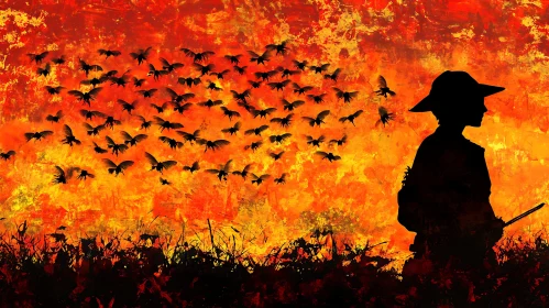 Silhouette in Field Under Vibrant Bird-Filled Sky