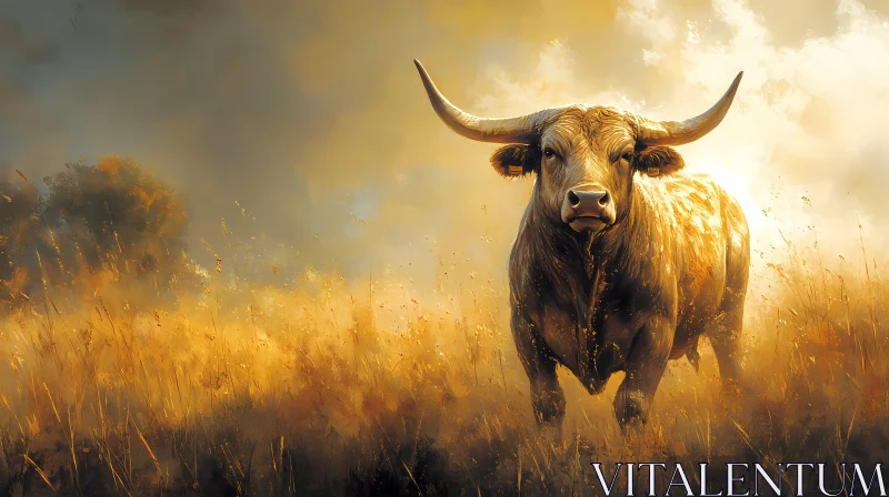 Sunset Bull in a Field AI Image