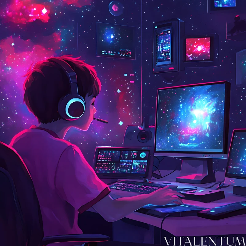 Futuristic Gaming Station with Space-Themed Virtual Reality AI Image