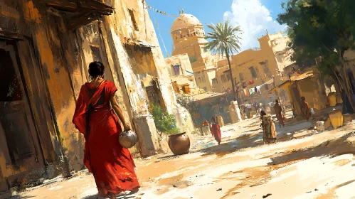 Woman in Red Sari on Indian Street