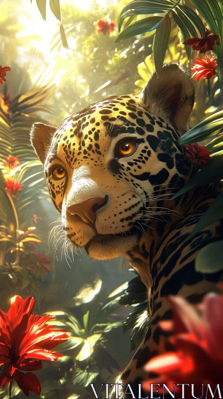 Jaguar Amidst Lush Jungle Foliage AI Image