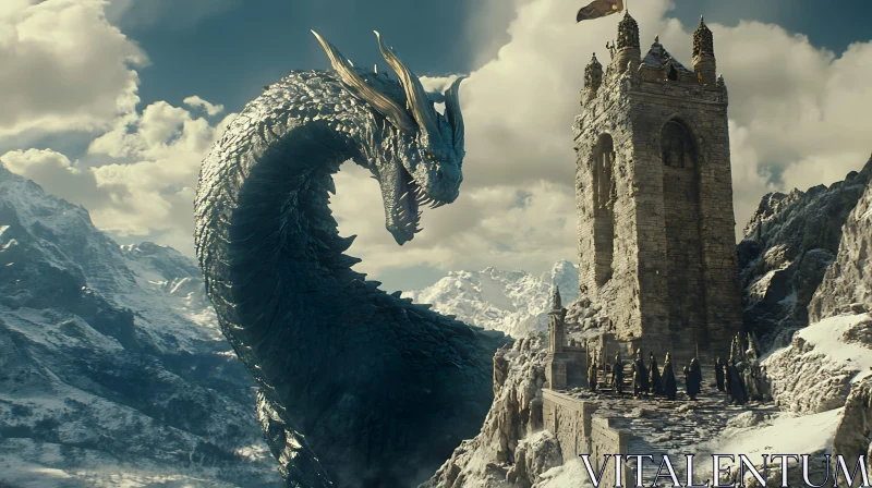 Dragon and Castle in Snowy Mountains AI Image