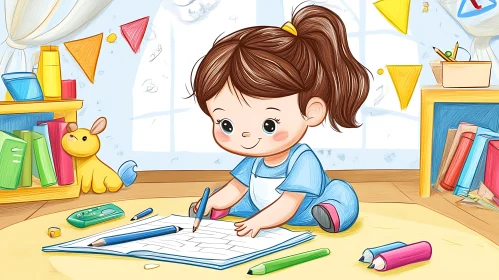 Girl Drawing Cartoon Illustration