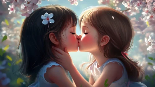 Girls Kissing Under Blossoming Trees