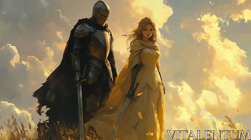 Armored Knight and Lady in the Field AI Image