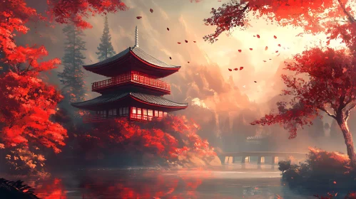Japanese Pagoda in Autumn Landscape