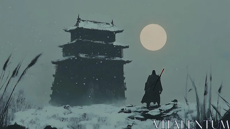 AI ART Warrior Silhouette by Ancient Japanese Building