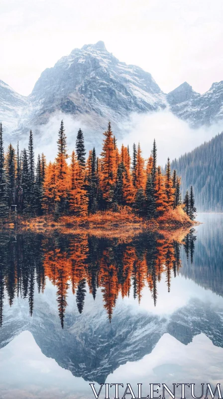 AI ART Mountain Reflected in Lake with Autumn Trees