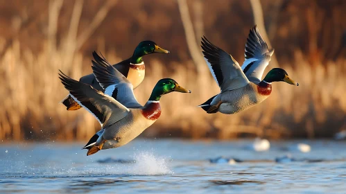 Ducks Flying Over Lake