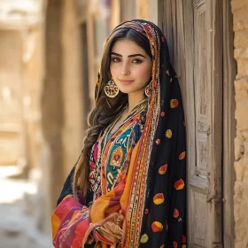 Woman in Traditional Dress by Wooden Door
