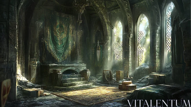 Mystical Interior: Sunlight in Stone Hall AI Image