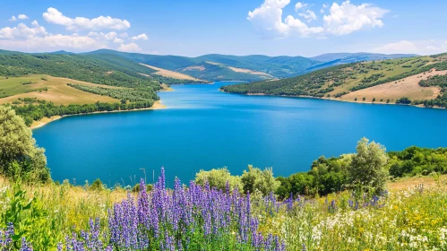 Picturesque Lake Landscape with Flowers and Hills