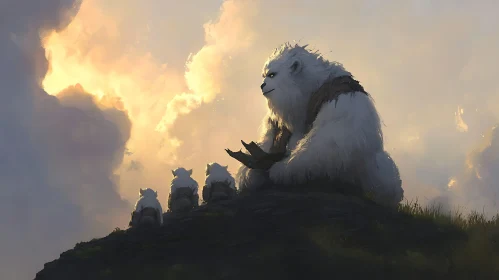 Yeti Family on Hilltop at Sunset