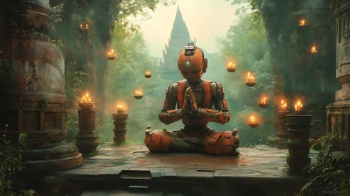 Meditative Robot in Candlelit Sanctuary