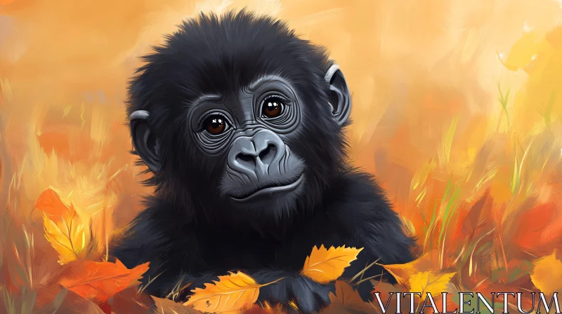 Baby Monkey Amidst Autumn Canvas AI Image