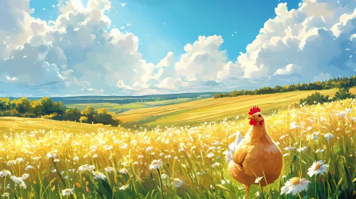 Idyllic Wheat Field with Chicken