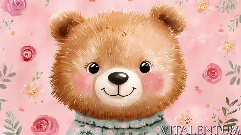 Adorable Bear in Pink Floral Setting AI Image