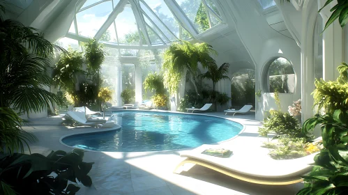 Glass-Enclosed Pool Area with Lush Plants