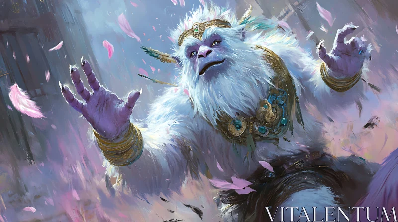 Fantasy Yeti Character with Falling Petals AI Image