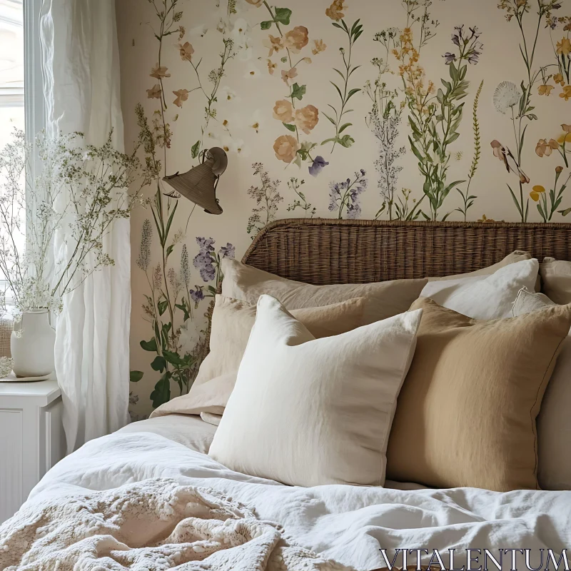 Serene Bedroom with Floral Wallpaper and Cushions AI Image