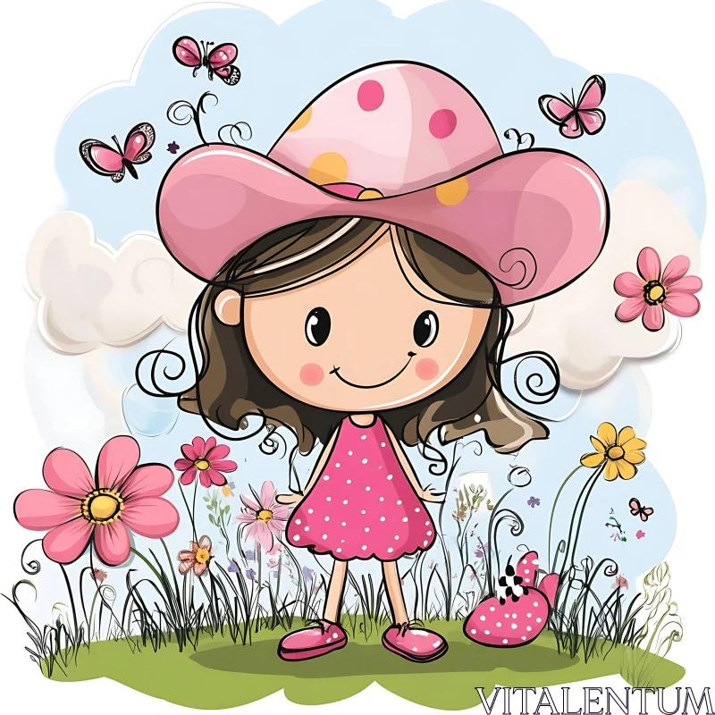 AI ART Pink Polka Dot Girl with Butterflies