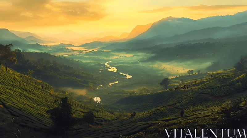 AI ART Scenic Tea Plantation at Dawn