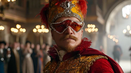 Enigmatic Man in Red and Gold Costume | Captivating Venetian Mask