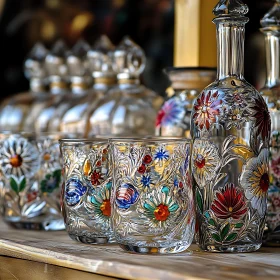 Vintage Glassware with Colorful Floral Design