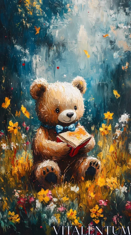 Teddy Bear and Wildflowers Art AI Image