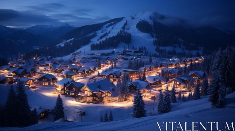 Illuminated Ski Town in Winter Night - A Picture of Tranquility AI Image