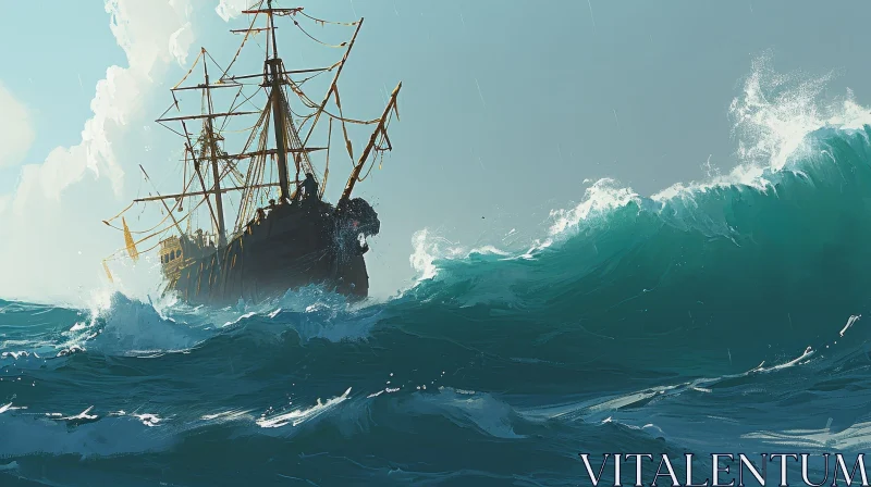 Thrilling Pirate Ship Painting | Stormy Seascape Artwork AI Image