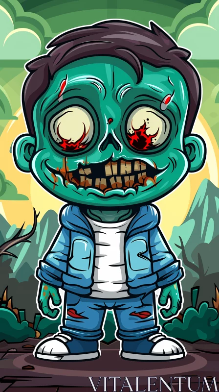 Zombie Boy Cartoon Illustration in Forest AI Image