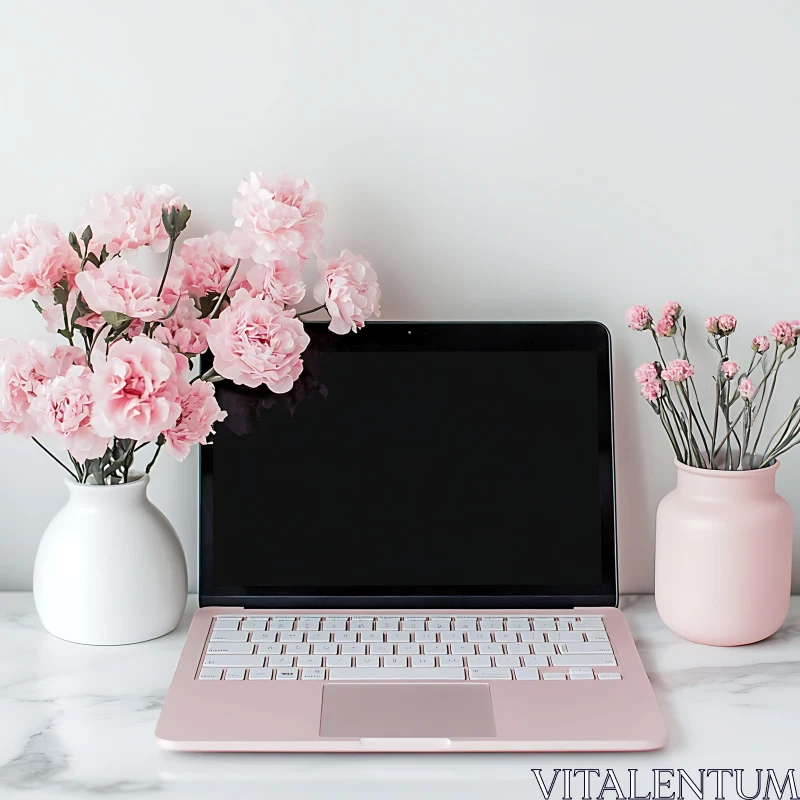 Stylish Pink Laptop with Flower Vases AI Image