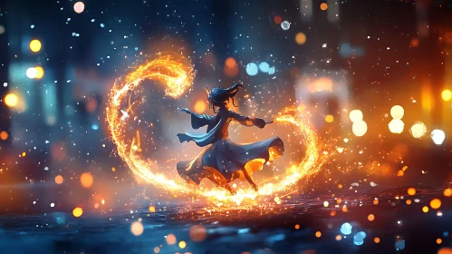 Magical Night Scene with Woman and Fire