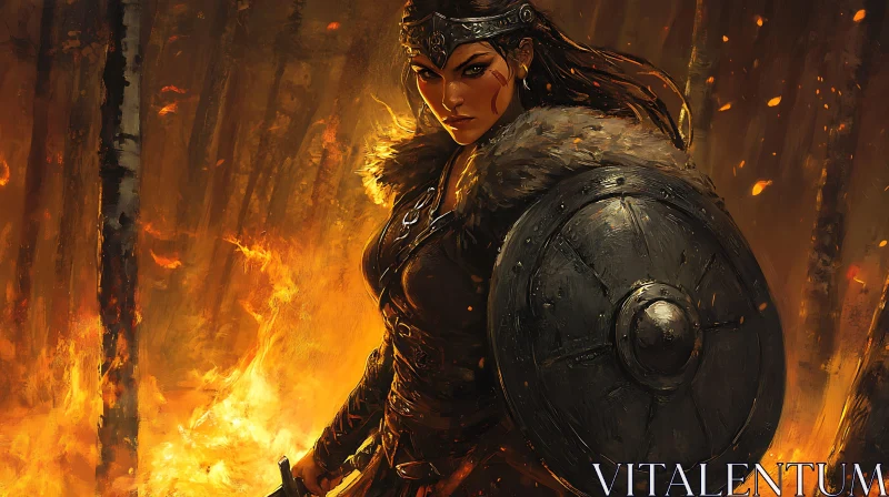 Warrior Woman with Shield in Burning Forest AI Image