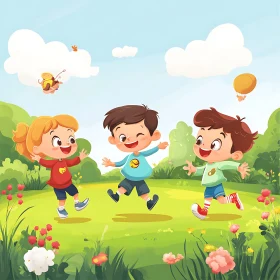 Kids Having Fun in a Cartoon Landscape