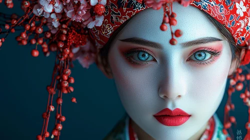 Elegant Woman with Red Floral Headpiece