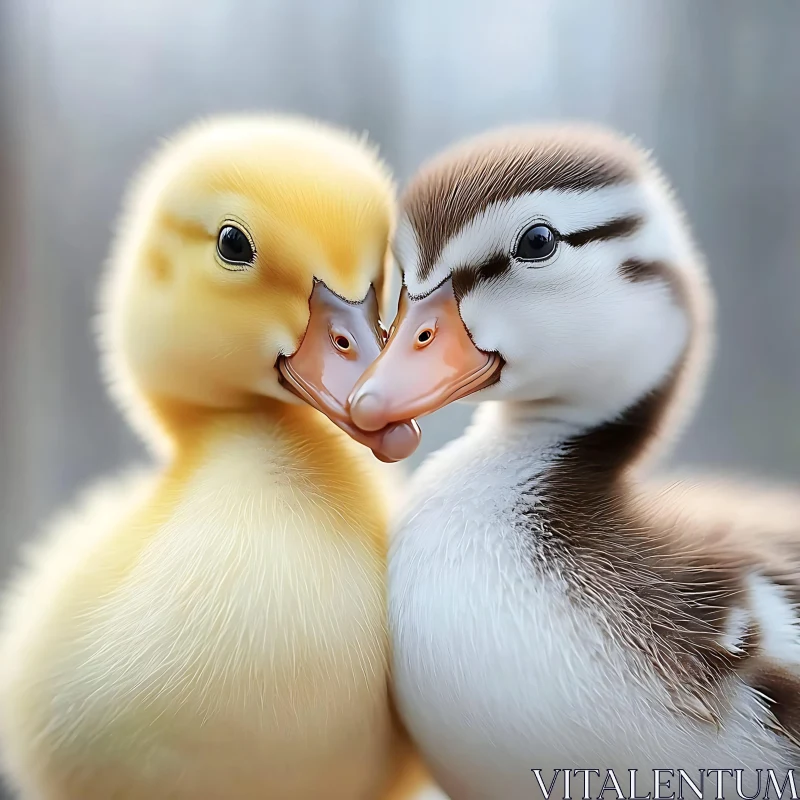 Two Ducklings Touching Beaks AI Image