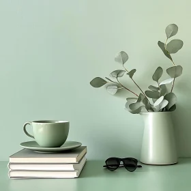 Teacup, Books, and Eucalyptus Still Life