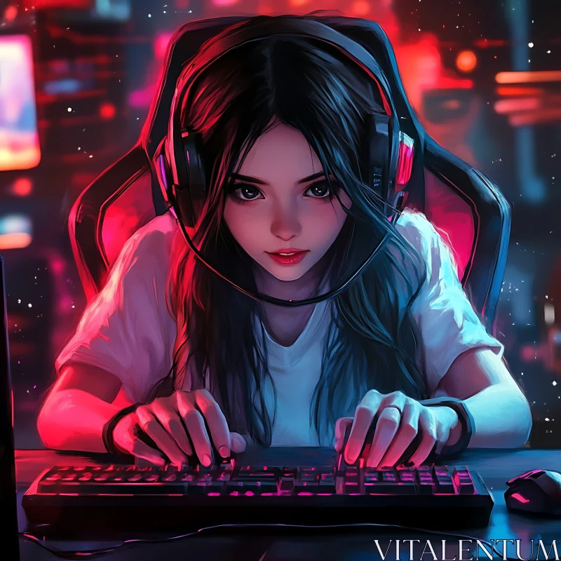 Focused Anime Gamer Girl with RGB Setup AI Image