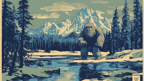 Sasquatch by the River: A Snowy Landscape