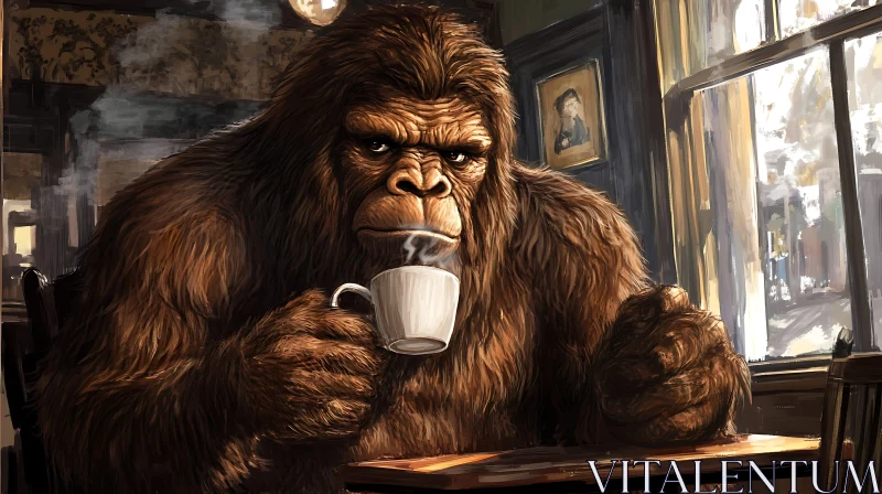 AI ART Contemplative Sasquatch with Coffee Cup