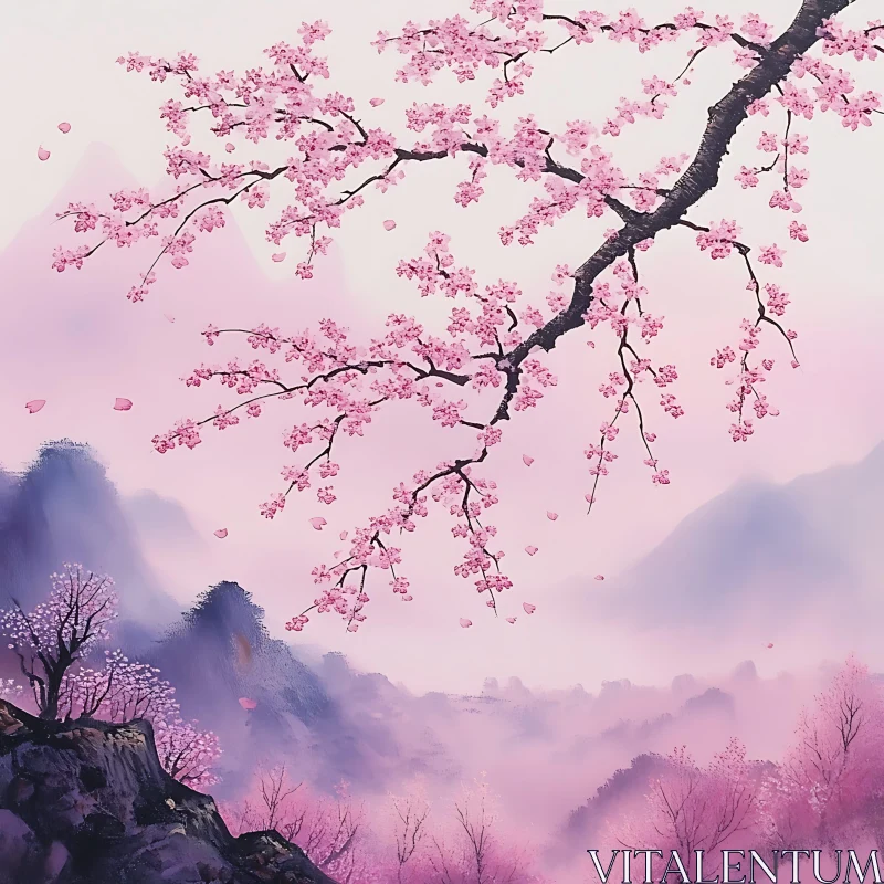 Floral Pink Landscape with Mountain Backdrop AI Image