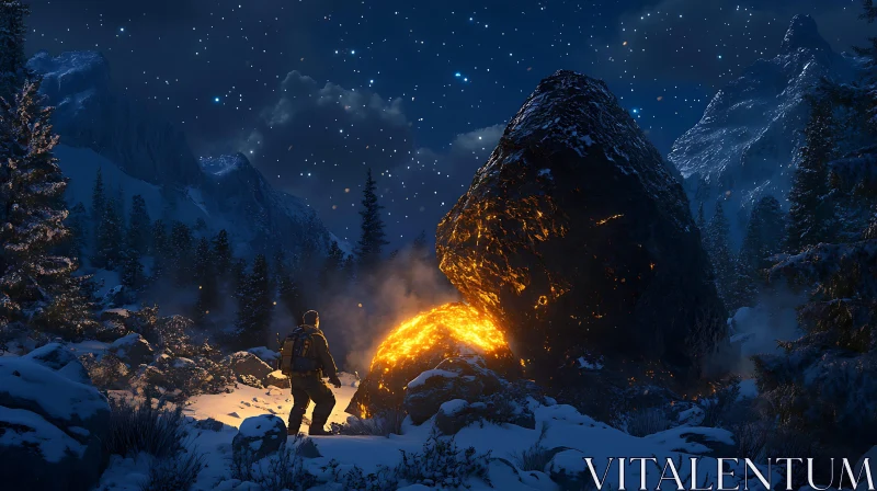 AI ART Snowy Mountain Scene with Campfire