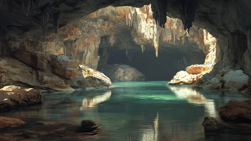 Sunlit Stalactite Cave with Reflective Waters