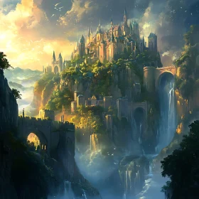 Mountain Castle and Waterfalls Landscape