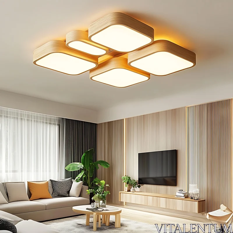 Minimalist Living Space with Geometric Ceiling Lights AI Image