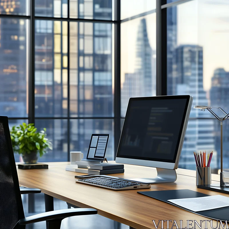 Contemporary Office Setup with Sunset Cityscape AI Image