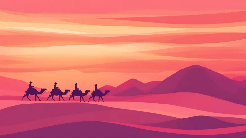 Camels Walking in the Desert Sunset