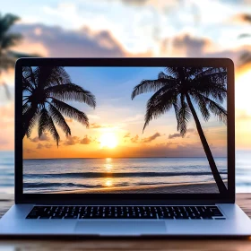 Serene Sunset on Laptop with Palm Trees and Ocean